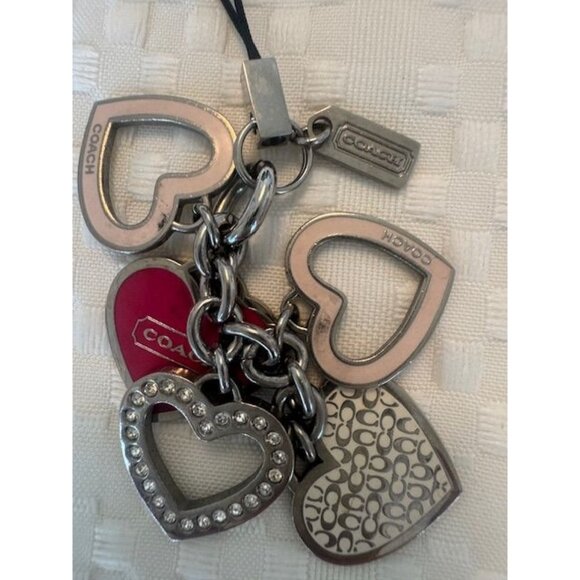Coach Pink and Silver Multi-Heart Charm Keychain With Coach Logo Hangtag 4” VGUC - Picture 1 of 7
